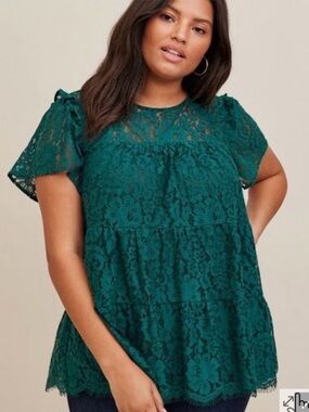 Torrid Lace Tiered Babydoll Top Green Floral Ruffle Short Sleeve Plus